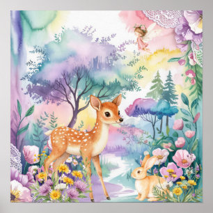 Poster Sweet Dreams Woodland Deer & Rabbits Berçário 
