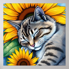 Poster Sweet Napping Gray Cat and Sunflower