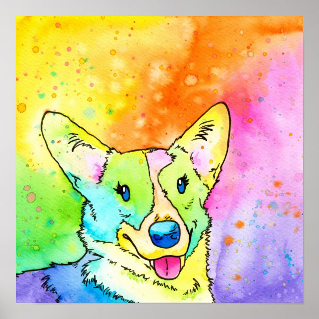 Poster Sweet Rainbow Watercolor Corgi (Frente)