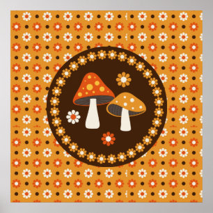 Poster Sweet Retro Mushrooms and Flowers