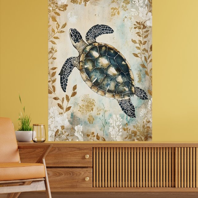 Poster swimming sea turtle surrounded by floral patterns. (Sala de Estar 2)