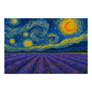 Póster Swirling Night Sky sobre Campo de Lavanda