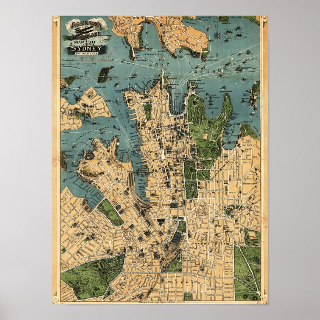 Póster Sydney, AustráliaMapa Panorâmico (Frente)