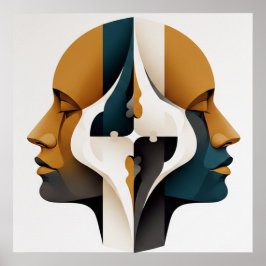 Poster Symmetrical Abstract Portrait in Ochre and Slate