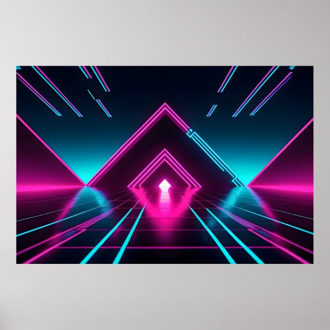 Poster Synthwave Neon Tunnel Glowing Pyramid Abstract (Frente)
