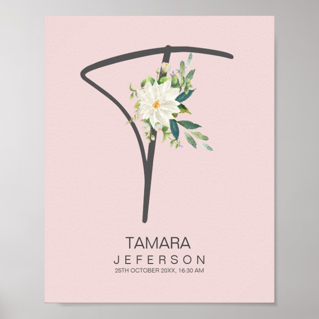 Poster T - Letra Monograma - Decoração Floral Blush (Frente)