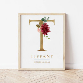 Poster T - Letra Monograma Nome Marsala Floral Nursery