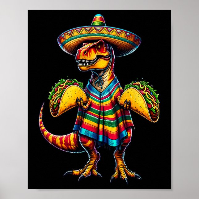 Poster T-rex Dinossaur Taco Cinco do Lago de Mayo Sombrer (Frente)