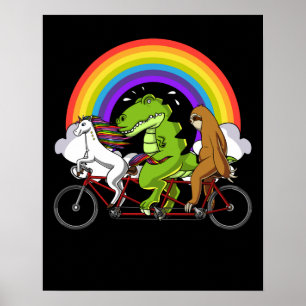 Poster T-Rex Dinossaur Unicorn Lama Em Bicicleta Arco-Ír