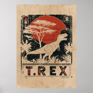 Poster T-Rex Dinossaur Vintage Art Wabi Sabi Red Sun