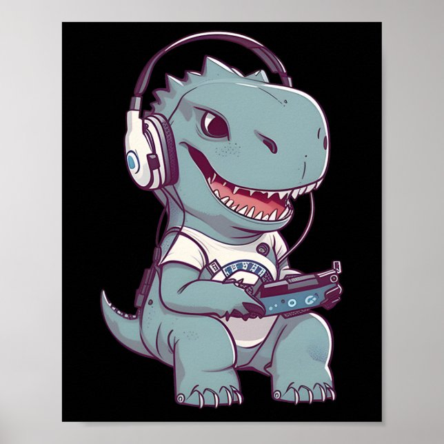 Poster T. Rex dinossauro Bonito Jogando Jogos de Vídeo (Frente)