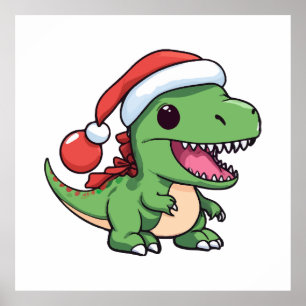 Poster T-Rex Dinossauro Kawaii em Chapéu de Natal