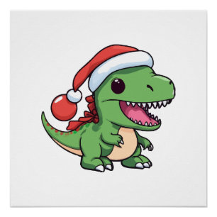 Póster T-Rex Dinossauro Kawaii em Chapéu de Natal
