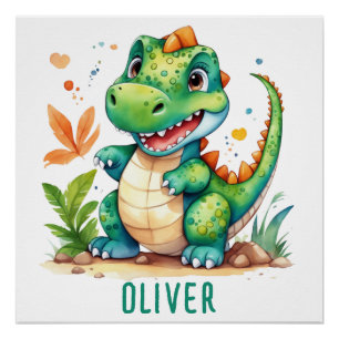 Póster T-Rex Dinossauro Verde Fofo Personalizado