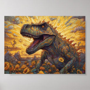 Poster T-rex em um campo de girassóis