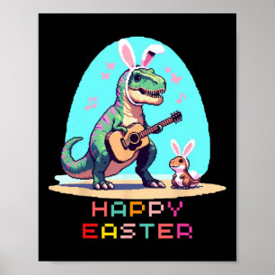 Poster T-rex Feliz Páscoa Ovos Retro Vintage Arte Pixel R