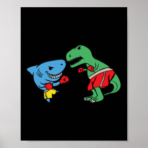 Poster T-Rex Punindo Tubarão Caixa de Luta Divertida