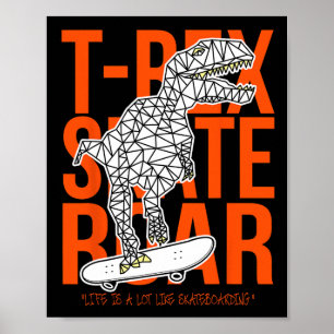 Poster T-rex Skate Rugido Esboço Divertido Desenho Dinoss