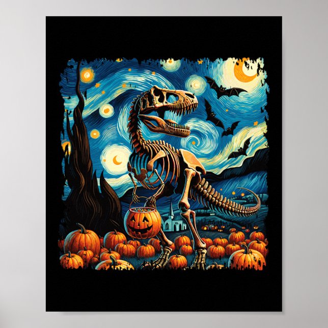 Poster T-rex Skeleton Halloween Van Gogh Starry Night Fal (Frente)