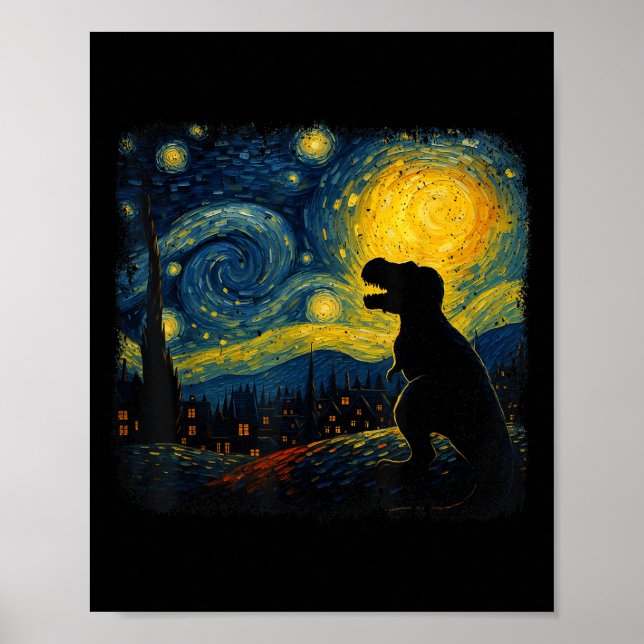 Poster T Rex Starry Night Van Gogh Dinosaus Oferece Homen (Frente)