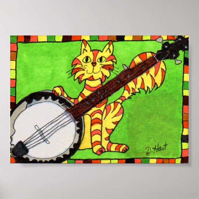 Póster Tabby Cat com Banjo Mini Folk Art (Frente)