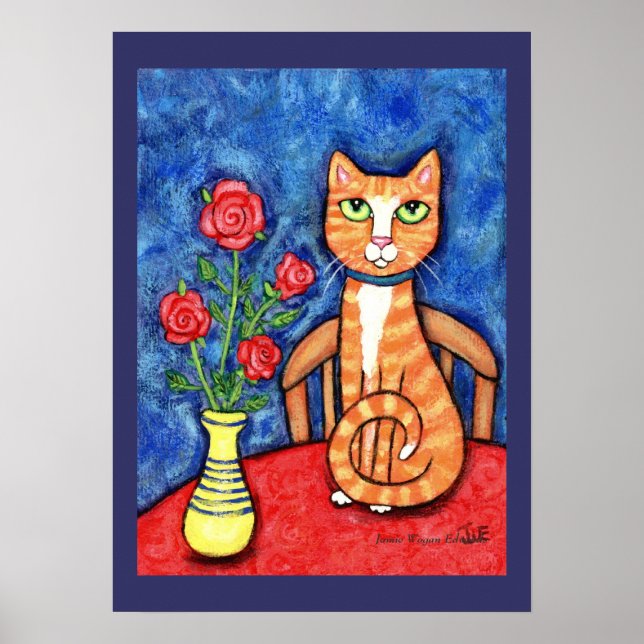 Póster Tabby Cat com Rosa (Frente)