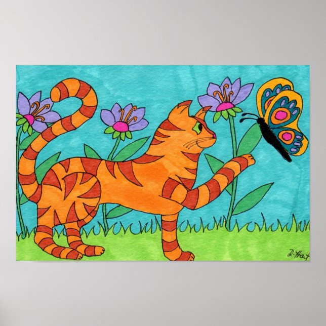Poster Tabby Cat e Butterfly Folk Art (Frente)
