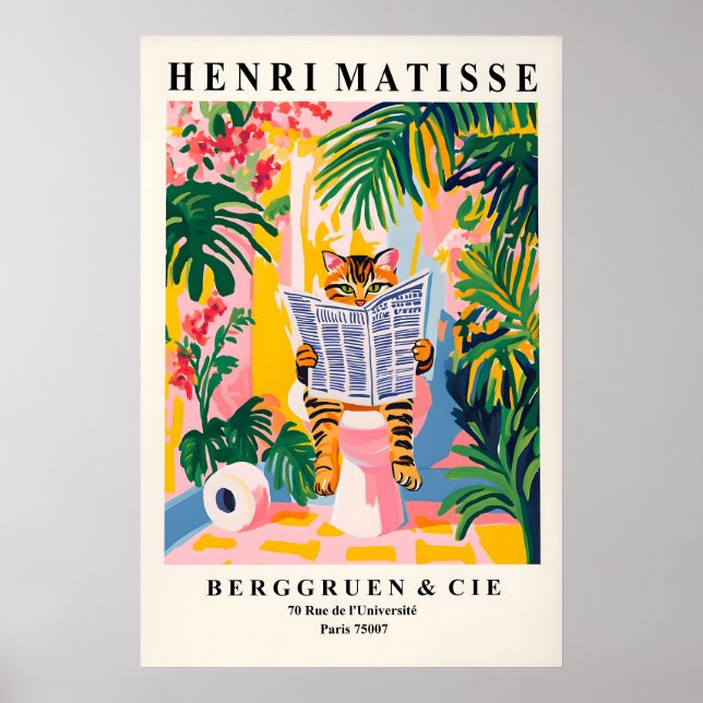 Poster Tabby Cat on Toilet Art Print Funny Matisse Style (Frente)