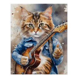 Póster Tabby Cat Rock Star Jogando Violão