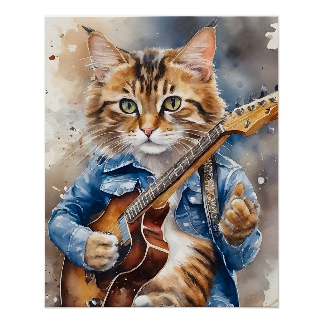 Póster Tabby Cat Rock Star Jogando Violão (Frente)