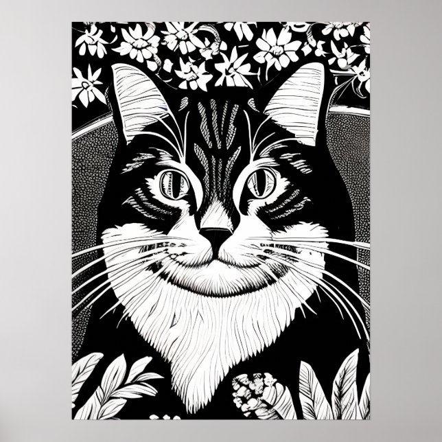 Poster Tabby Cat Surarcado com Flores (Frente)