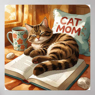 Poster Tabby em um Livro - Cena do Lover Gato de Aquarela
