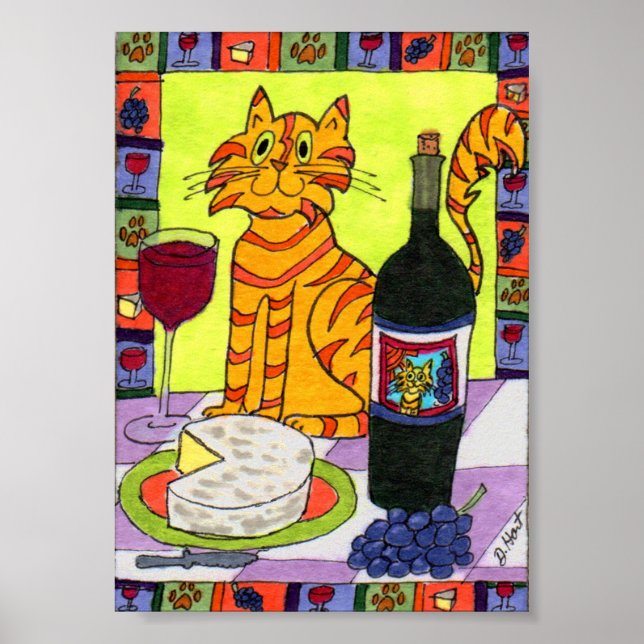 Poster Tabby Laranja Gato com Vinho e MiniArte Foliar de  (Frente)