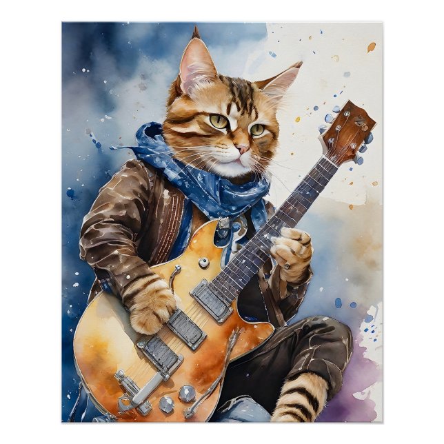 Póster Tabby Striby Cat Rock Star Tocando Violão Brown (Frente)