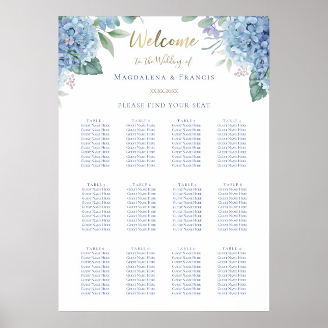 Poster tabela de assentos de casamento da hydrangea azul (Frente)
