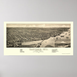 Póster Tacoma, mapa panorâmico de WA - 1884