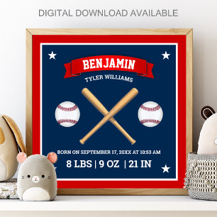 Poster Tacos de beisebol vermelhos e azuis e estatísticas