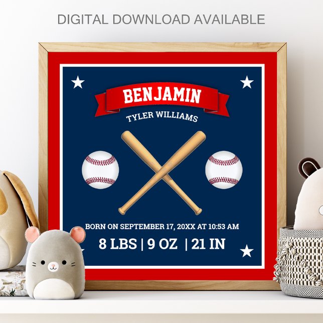 Poster Tacos de beisebol vermelhos e azuis e estatísticas (Criador carregado)