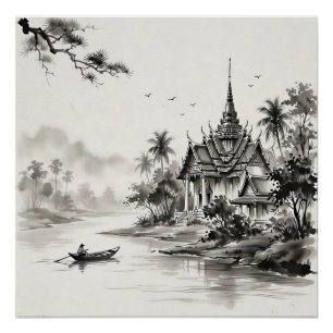 Póster Tailandesa Paisagem a Tinta Lavada