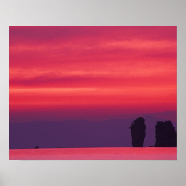 Póster Tailândia, Phang Nga Bay. Céu rosa refletido em (Frente)