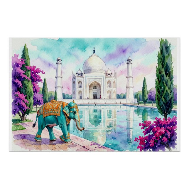 Póster Taj Mahal & Elefante Aquarela (Frente)