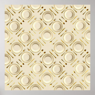Poster talheres dourados e pratos circulares brancos