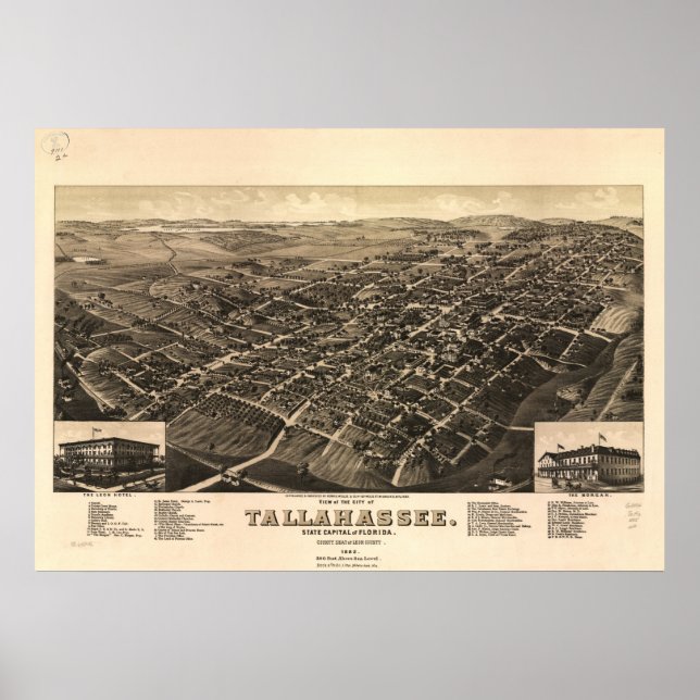 Poster Tallahassee Florida 1885 - Mapa Panorâmico Antiqua (Frente)