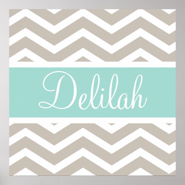 Póster Tan Teal Chevron Nome Personalizado (Frente)