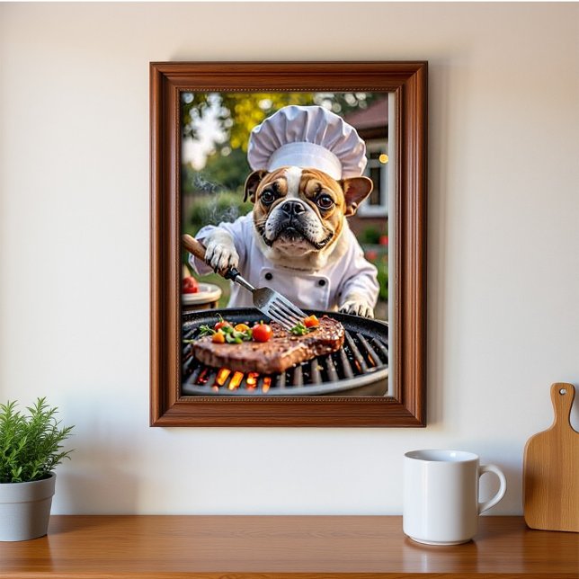 Poster Tan White Buldogue Griling Chef (Criador carregado)
