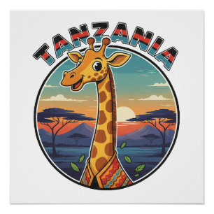 Póster Tanzânia girafa símbolo animal nacional cartoon cu