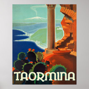 Poster Taormina, paisagem, Itália, pôster de viagem vinta