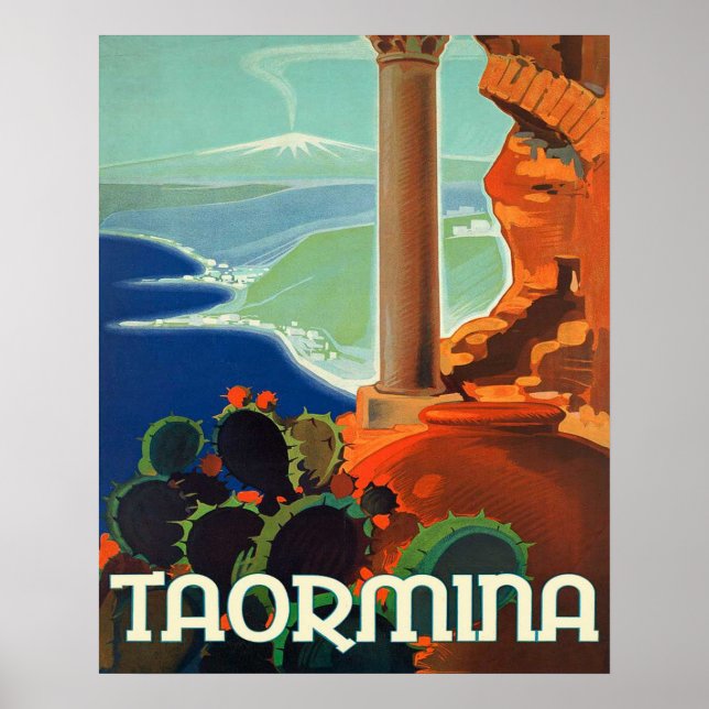 Poster Taormina, paisagem, Itália, viagens vintage (Frente)