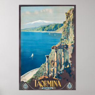 Poster Taormina Sicília Itália Cartaz de Viagem Antigo