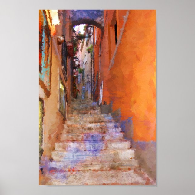 Poster Taormina Sicily Itália Narrow Street Steps Paintin (Frente)